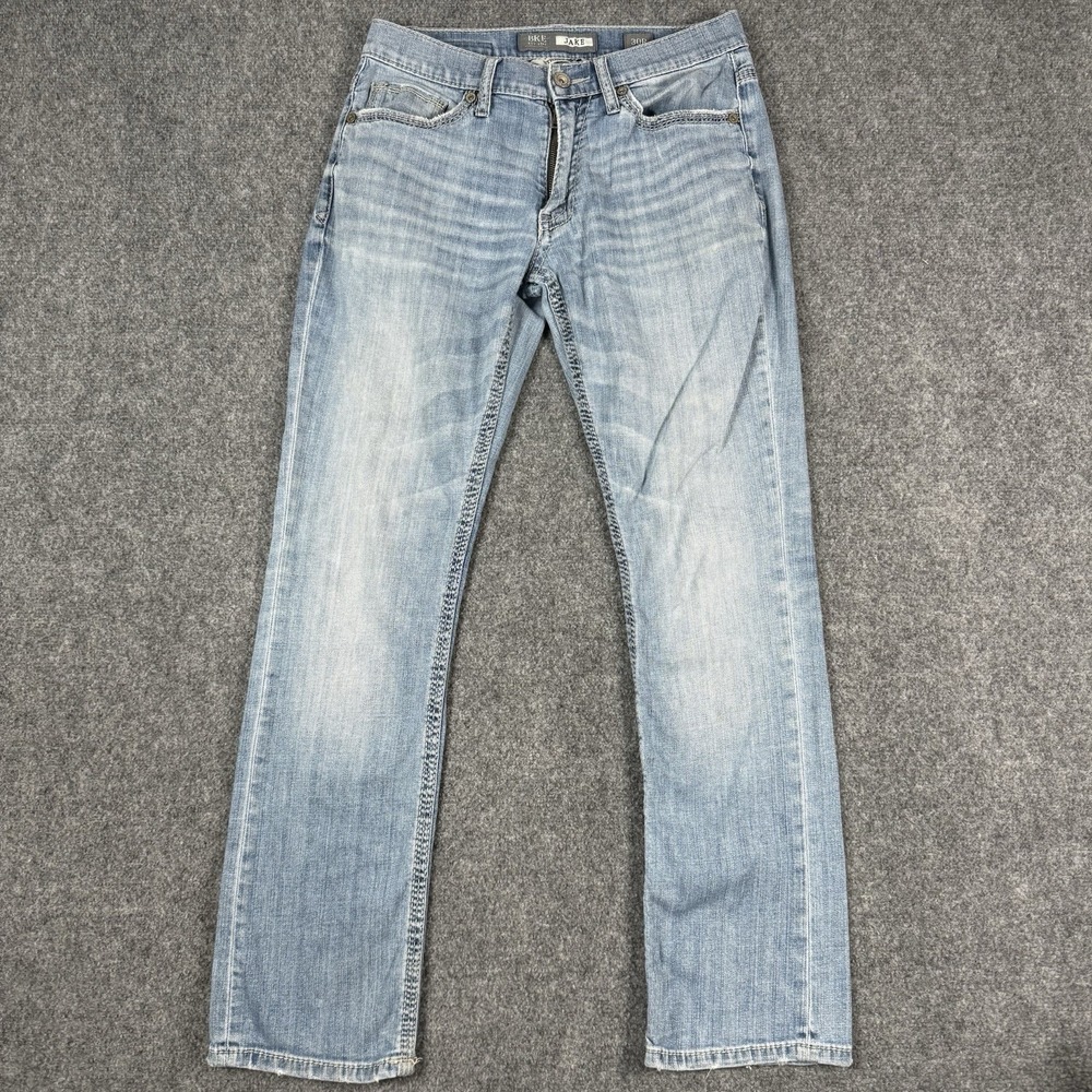 BKE Jake Straight Leg Jeans Mens 30R Light Wash Stretch Denim Distressed Buckle